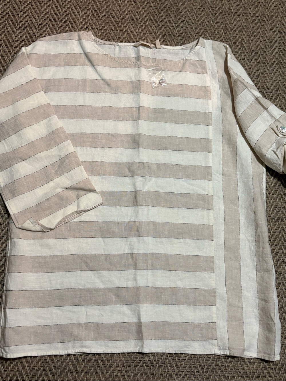 Soft Surroundings Tunic Top Sz L 100% Linen Striped Beige Roll Tab 3/4 Sleeve